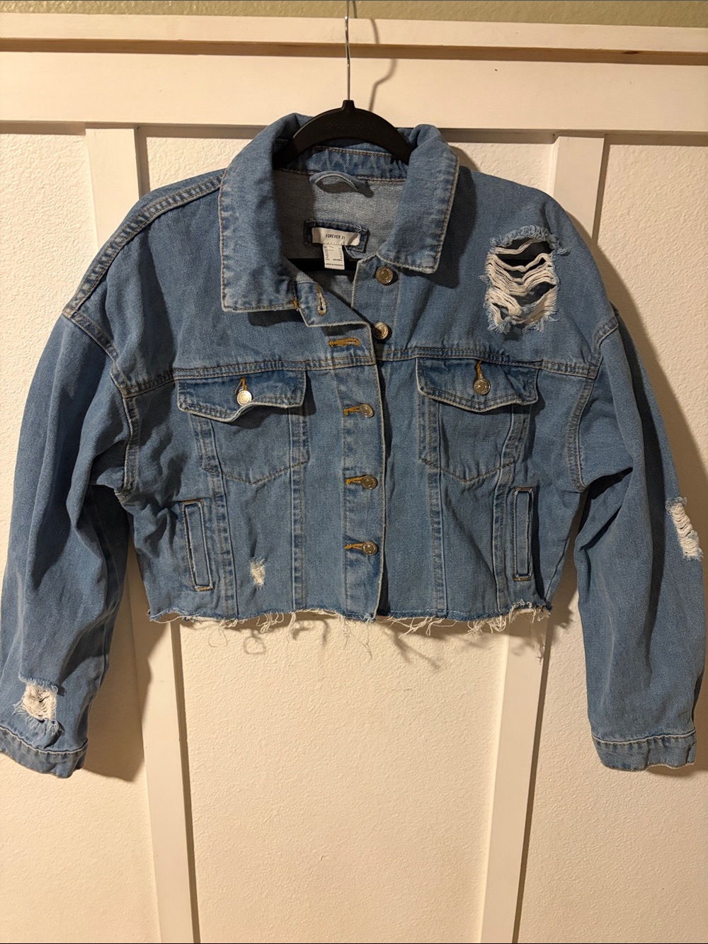 Forever 21 Cropped Light Blue Distressed Denim Jacket - Women